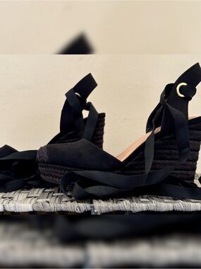 INC International Concepts Black Espadrille Wedge Ankle-Tie Sandals